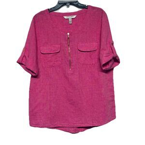 Ellen Tracy Linen Cotton Blend Top Blouse Roll Tab Sleeves 1/2 Zip Pink Size L